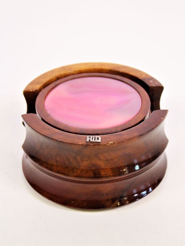 Vintage onderzetter set, roze agaat in houten houder (6) - '60-'70